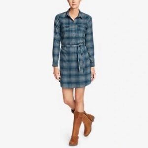 Eddie Bauer Blue Gray Plaid Flannel Long Sleeve Shirt Dress SZ 6